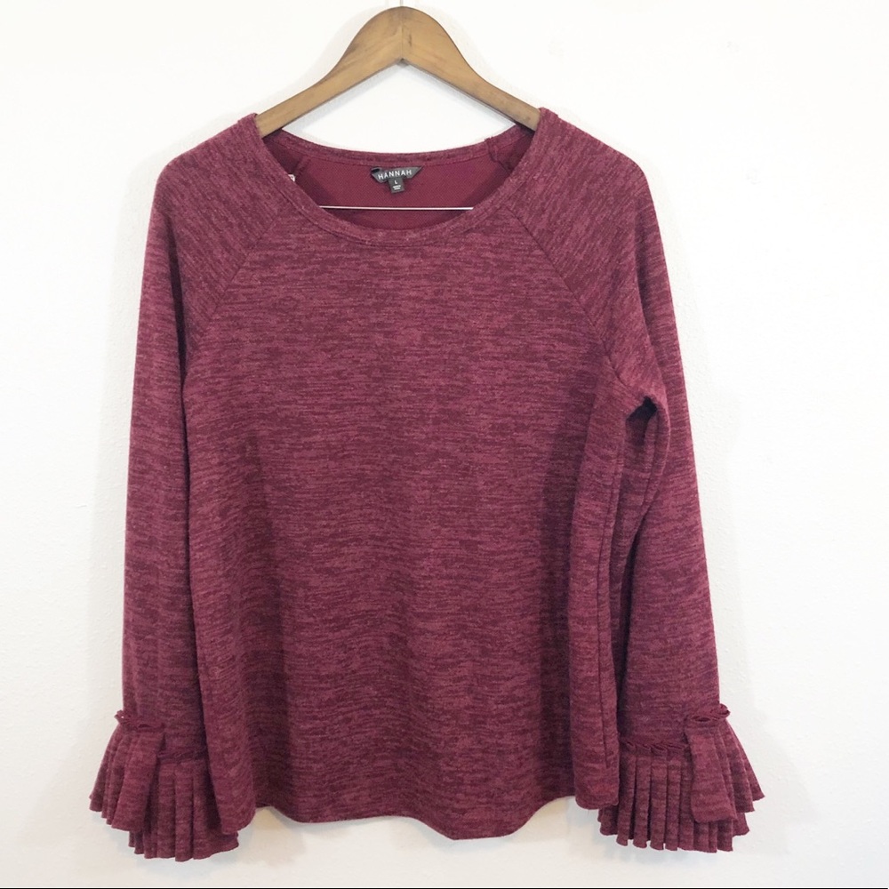 Hannah muted red ruffle cuff round neck top - Picture 1 of 8